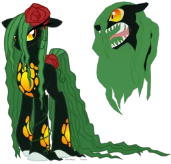 Size: 838x801 | Tagged: artist:faith-wolff, biollante, colored sclera, derpibooru import, fanfic:the bridge, fangs, female, flower, flower in hair, godzilla (series), kaiju pony, long mane, mare, open mouth, orange eyes, plant mane, plant pony, ponified, safe, simple background, transparent background, unshorn fetlocks, vine