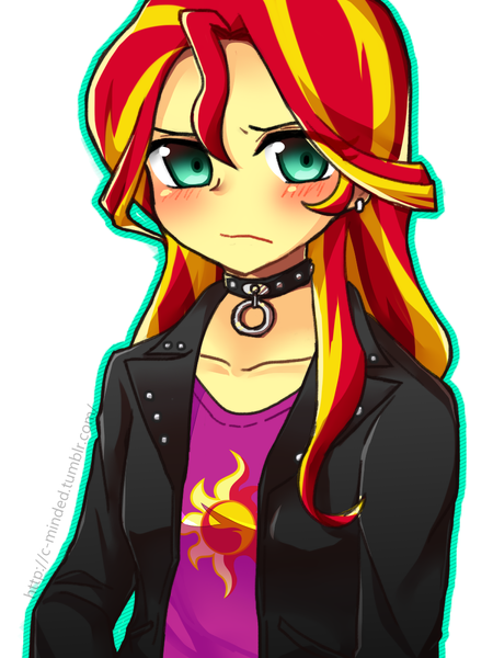Size: 900x1200 | Tagged: artist:c-minded, blushing, collar, derpibooru import, embarrassed, human, humanized, piercing, safe, solo, sunset shimmer