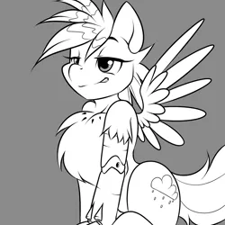 Size: 1280x1280 | Tagged: artist:kloudmutt, chest fluff, cyborg, derpibooru import, fallout equestria, fallout equestria: memories, monochrome, oc, oc:frosty winds, prosthetic limb, safe, smug, solo, unofficial characters only