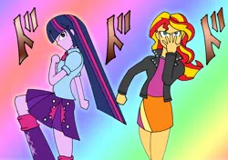 Size: 1350x950 | Tagged: safe, artist:combatkaiser, derpibooru import, sunset shimmer, twilight sparkle, twilight sparkle (alicorn), equestria girls, rainbow rocks, battle tendency, caesar zeppeli, crossover, jojo pose, jojo's bizarre adventure, joseph joestar, pose