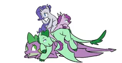 Size: 867x456 | Tagged: safe, artist:kianamai, color edit, derpibooru import, edit, rarity, spike, oc, oc:crystal clarity, oc:turquoise blitz, dracony, hybrid, kilalaverse, colored, cuddle puddle, cuddling, family, female, interspecies offspring, male, next generation, offspring, older, older spike, parent:rarity, parent:spike, parents:sparity, pony pile, shipping, simple background, sparity, straight, white background, winged spike