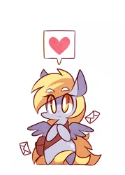 Size: 1000x1400 | Tagged: safe, artist:lifeloser, derpibooru import, derpy hooves, pony, bipedal, chibi, cute, derpabetes, heart, looking at you, mail, mailbag, pictogram, simple background, smiling, solo, spread wings, white background