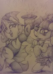 Size: 800x1115 | Tagged: safe, artist:aquaticsun, derpibooru import, trixie, twilight sparkle, pony, unicorn, clothes, dress, female, grayscale, magic, mare, monochrome, solo, traditional art