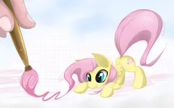 Size: 2455x1534 | Tagged: safe, artist:malifikyse, derpibooru import, fluttershy, pegasus, pony, behaving like a cat, cute, drawn into existence, face down ass up, folded wings, hand, looking at something, paintbrush, shyabetes, smiling, solo