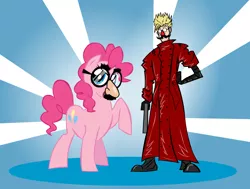 Size: 882x666 | Tagged: source needed, safe, artist:shutterflye, derpibooru import, pinkie pie, earth pony, human, pony, abstract background, crossover, groucho mask, gun, seems legit, trigun, vash the stampede, weapon