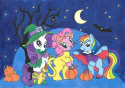 Size: 2335x1655 | Tagged: safe, artist:sugarplumtrees, derpibooru import, pinkie pie, rainbow dash, rarity, bat, clothes, costume, hat, moon, night, stars, traditional art, tree