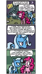 Size: 500x886 | Tagged: safe, artist:foudubulbe, derpibooru import, maud pie, pinkie pie, trixie, pony, unicorn, comic:damp rocks, comic, female, lesbian, mare, mauxie, shipping, tsundere