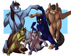Size: 1279x1005 | Tagged: safe, artist:foxenawolf, derpibooru import, oc, oc:calm wind, oc:playbitz, oc:rivet, oc:shine struck, oc:swift justice, unofficial characters only, pegasus, pony, bipedal, dragon ball z, fluffy, frown, ginyu force, glare, gritted teeth, looking at you, muscles, pegasus posse, pose, raised leg, shinejustice, silly, smirk, unshorn fetlocks