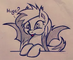 Size: 839x693 | Tagged: artist needed, safe, artist:the sexy assistant, artist:zee66, derpibooru import, edit, oc, unofficial characters only, bat pony, pony, :p, cute, dialogue, ear fluff, hug request, looking at you, pencil drawing, puffy cheeks, redraw, smiling, solo, spread wings, tongue out, traditional art