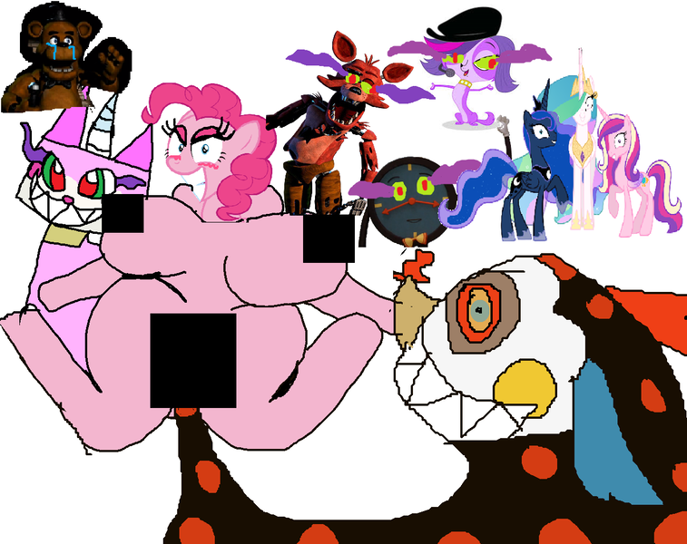 Size: 1276x1012 | Tagged: 1000 hours in ms paint, artist:desu, breasts, censored, charlotte, derpibooru import, don't hug me i'm scared, fat boobs, five nights at freddy's, fox, foxy, freddy fazbear, lego, littlest pet shop, ms paint, op is on drugs, pinkie pie, princess cadance, princess celestia, princess luna, puella magi madoka magica, questionable, shitposting, sketchbook syndrome, the lego movie, tony the talking clock, unikitty, wat, why, zoe trent