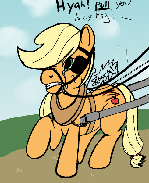 Size: 1196x1468 | Tagged: artist needed, source needed, semi-grimdark, derpibooru import, applejack, earth pony, pony, abuse, bit, bondage, bridle, cart, collar, color, cruel, crying, domination, driving, female, frown, gritted teeth, harness, jackabuse, mare, nonconsensual, raised hoof, reins, sad, slave, slavery, whip, whip marks, whipping