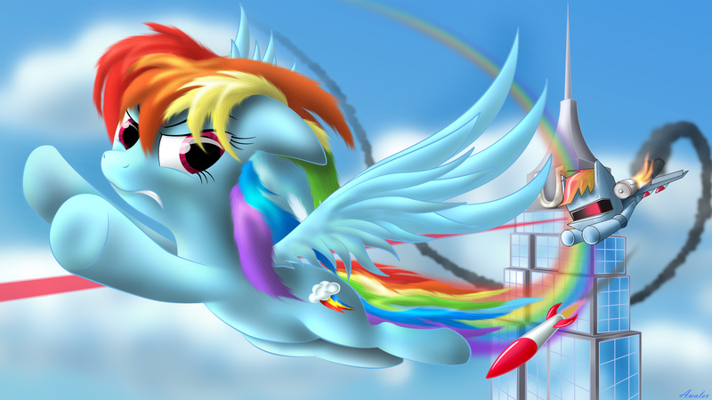 Size: 2560x1440 | Tagged: artist:awalex, derpibooru import, flying, .mov, pony.mov, rainbow dash, r-dash 5000, rocket, safe, skyscraper, swag.mov