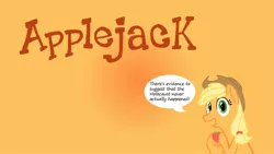 Size: 1920x1080 | Tagged: safe, deleted from derpibooru, derpibooru import, applejack, earth pony, pony, antisemitism, apple, applehick, applejack's hat, cowboy hat, dialogue, female, food, hat, holocaust, holocaust denial, hoof hold, looking at you, mare, open mouth, orange background, out of character, racism, simple background, solo, speech bubble, wallpaper