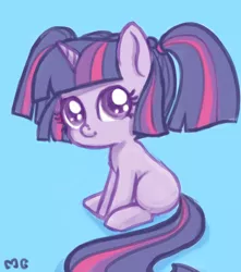 Size: 718x812 | Tagged: alternate hairstyle, artist:mcponyponypony, blank flank, blue background, cute, derpibooru import, female, filly, filly twilight sparkle, pigtails, safe, simple background, solo, twiabetes, twilight sparkle, weapons-grade cute, younger