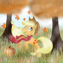 Size: 894x894 | Tagged: applejack, artist:chanceyb, autumn, autumn leaves, clothes, derpibooru import, field, grass, grass field, leaves, pumpkin, rearing, safe, scarf, smiling, solo, standing, tree
