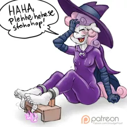 Size: 1000x1000 | Tagged: anthro, artist:smudge proof, barefoot, breasts, crying, facepalm, feet, female, foot fetish, mare do well, patreon, patreon logo, plantigrade anthro, solo, stocks, suggestive, superhero, sweetie belle, sweetie do well, tickle torture, tickling