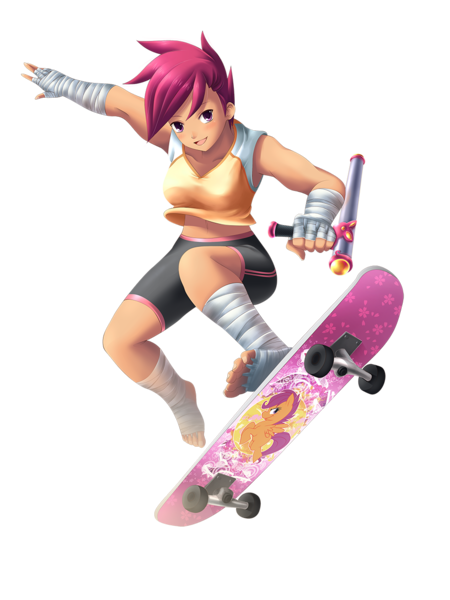 Size: 922x1229 | Tagged: artist:yatonokami, athletic tape, barefoot, belly button, clothes, commission, derpibooru import, fantasy class, feet, foot wraps, hand wraps, human, humanized, leg wraps, midriff, safe, scootaloo, simple background, skateboard, solo, tanktop, toes, tonfa, transparent background, weapon