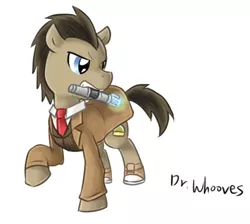 Size: 556x498 | Tagged: artist:blueskirby, clothes, converse, derpibooru import, doctor who, doctor whooves, mouth hold, necktie, safe, solo, sonic screwdriver, time turner, trenchcoat