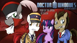Size: 1920x1080 | Tagged: artist:blueskirby, clockwork, clothes, cover, derpibooru import, doctor who, doctor whooves, doctor whooves adventures, mouth hold, necktie, oc, oc:dorian mode, oc:dreary kazoo, phantom of the opera, safe, sonic screwdriver, suit, time turner, twilight sparkle