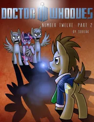 Size: 2781x3600 | Tagged: artist:cybertoaster, clockwork, clothes, cover, crying, derpibooru import, doctor who, doctor whooves, doctor whooves adventures, necktie, ponified, safe, sonic screwdriver, suit, time turner, twilight sparkle, weeping angel, weeping pegasus