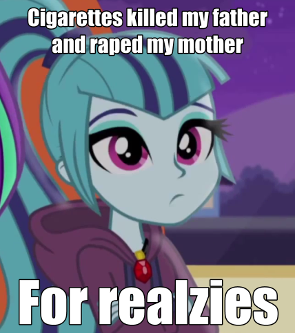 Size: 428x484 | Tagged: semi-grimdark, suggestive, derpibooru import, edit, edited screencap, screencap, sonata dusk, equestria girls, rainbow rocks, caption, cigarette, family guy, female, for realzies, image macro, implied murder, implied rape, implied sex, meme, realzies, solo