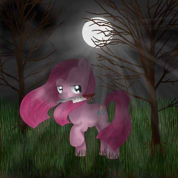 Size: 894x894 | Tagged: artist:chanceyb, blood, derpibooru import, field, grass, grass field, knife, moonlight, mouth hold, night, pinkamena diane pie, pinkie pie, semi-grimdark, tree