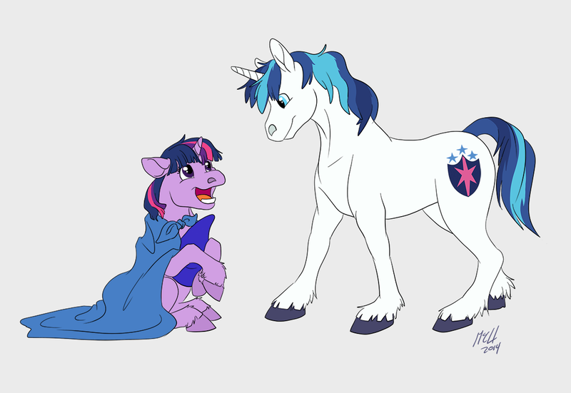 Size: 1119x771 | Tagged: safe, artist:carnivorouscaribou, derpibooru import, shining armor, twilight sparkle, pony, unicorn, blanket, brother and sister, cape, clothes, colt, duo, female, filly, filly twilight sparkle, hat, male, unicorn twilight, younger