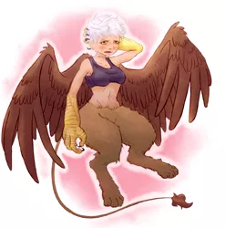 Size: 2473x2500 | Tagged: suggestive, artist:nobody, derpibooru import, oc, oc:alex, unofficial characters only, gryphon, satyr, breasts, female, hips, large wings, offspring, parent:gilda, solo