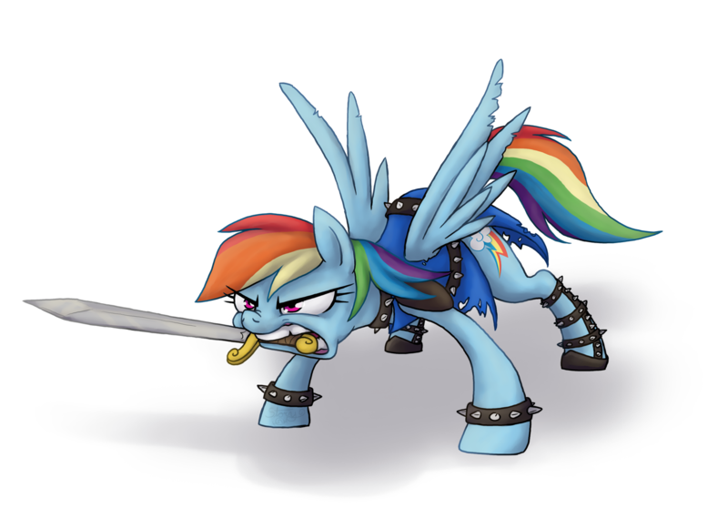 Size: 1637x1188 | Tagged: artist:another-story-2tell, clothes, crossover, derpibooru import, mouth hold, oblivion, rainbow dash, safe, solo, sword, the elder scrolls, weapon