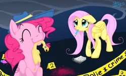 Size: 1162x704 | Tagged: artist:another-story-2tell, crime scene, cupcake, derpibooru import, fedora, fluttershy, hat, notepad, pencil, pinkie pie, rubber chicken, semi-grimdark