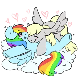 Size: 1024x1024 | Tagged: safe, artist:pantiedpython, derpibooru import, derpy hooves, rainbow dash, pegasus, pony, blushing, cloud, cuddling, eyes closed, female, heart, mare, on back, simple background, snuggling, spread wings, transparent background