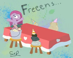 Size: 1000x796 | Tagged: artist:sirradical, derpibooru import, madame le flour, mr. turnip, party of one, pinkamena diane pie, pinkie pie, rocky, safe, scene interpretation, sir lintsalot