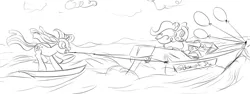 Size: 900x337 | Tagged: artist:rubrony, balloon, boat, derpibooru import, monochrome, mouth hold, pinkie pie, safe, twilight sparkle, water, water skiing