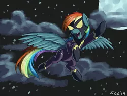 Size: 500x375 | Tagged: artist:tggeko, clothes, derpibooru import, flying, latex, latex suit, mlpgdraws, moon, night, open mouth, rainbow dash, safe, shadowbolt dash, shadowbolts, shadowbolts costume, solo