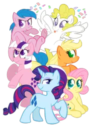 Size: 2158x2907 | Tagged: safe, artist:voraire, derpibooru import, applejack (g1), firefly, posey, sparkler (g1), surprise, twilight sparkle, earth pony, pegasus, pony, unicorn, colored pupils, confetti, cute, female, g1, g1 six, g1 to g4, generation leap, high res, mare, simple background, smiling, tongue out, transparent background