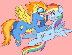 Size: 906x700 | Tagged: safe, artist:susu, derpibooru import, rainbow dash, spitfire, pegasus, pony, bedroom eyes, blushing, boop, clothes, female, goggles, grin, lesbian, looking at each other, mare, nose wrinkle, plot, shipping, simple background, smiling, spitdash, sweatdrop, wonderbolts uniform