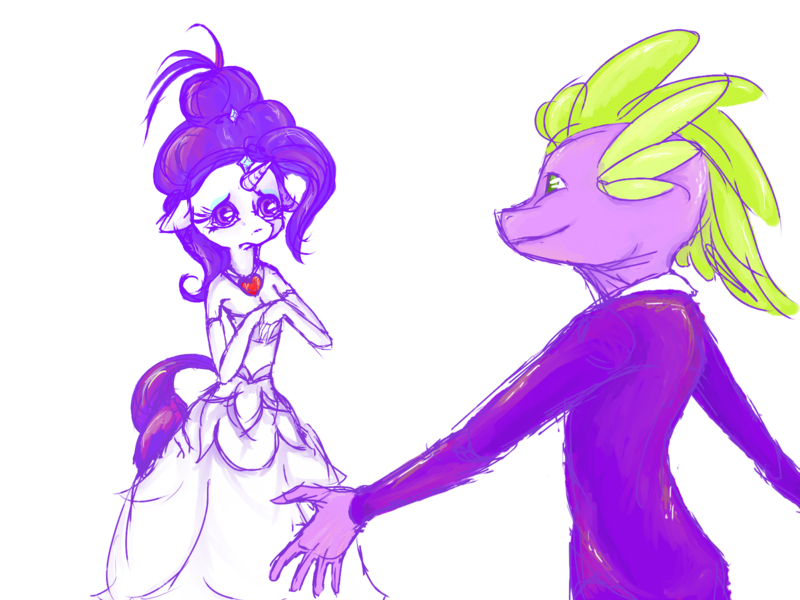 Size: 1600x1200 | Tagged: safe, artist:vautaryt, derpibooru import, rarity, spike, anthro, clothes, dress, female, fire ruby, male, shipping, sparity, straight, tuxedo, wedding, wedding dress