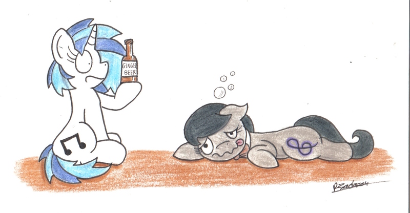 Size: 2168x1127 | Tagged: safe, artist:bobthedalek, derpibooru import, octavia melody, vinyl scratch, earth pony, pony, unicorn, bottle, bowtie, bubble, drunk, drunktavia, ginger beer, lying down, prone, sploot