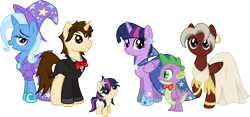 Size: 12828x6000 | Tagged: safe, artist:mactavish1996, artist:moonlight-ki, artist:zoevulpez, derpibooru import, spike, trixie, twilight sparkle, twilight sparkle (alicorn), oc, oc:mayday parker sparkle, ponified, alicorn, pony, absurd resolution, baby, baby pony, clothes, crossover, dress, female, mare, may parker, offspring, parent:peter parker, parent:twilight sparkle, parents:spidertwi, peter parker, simple background, smiling, spider-man, spiders and magic ii: eleven months, spiders and magic: rise of spider-mane, spidertwi, transparent background, vector