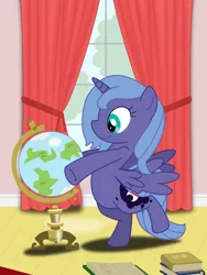 Size: 1200x1600 | Tagged: artist:frenkieart, book, derpibooru import, filly, globe, parody, princess luna, safe, solo, the great dictator, woona