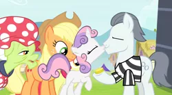 Size: 1280x714 | Tagged: safe, derpibooru import, edit, edited screencap, screencap, apple bloom, applejack, granny smith, silver shill, sweetie belle, earth pony, pony, unicorn, crack shipping, female, filly, kissing, male, mare, shipping, stallion, straight, sweetieshill