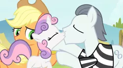 Size: 1280x714 | Tagged: applejack, crack shipping, derpibooru import, edit, edited screencap, female, kissing, male, safe, screencap, shipping, silver shill, straight, sweetie belle, sweetieshill, voice actor joke