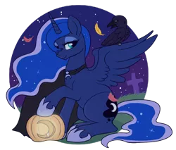 Size: 542x461 | Tagged: artist:lulubell, bird, cloak, clothes, crow, derpibooru import, feather, food, gravestone, halloween, jack-o-lantern, lidded eyes, night, nightmare night, princess luna, pumpkin, safe, simple background, sitting, smiling, spread wings, transparent background