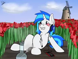 Size: 2000x1500 | Tagged: artist:potes, bong, derpibooru import, drugs, dutch, headphones, high, marijuana, netherlands, safe, stoned, tulip, vinyl scratch, windmill