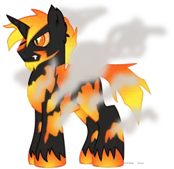 Size: 883x854 | Tagged: safe, artist:faith-wolff, derpibooru import, ponified, kaiju pony, pony, unicorn, fanfic:the bridge, beard, burning godzilla, colored hooves, colored sclera, crooked horn, facial hair, fangs, godzilla, godzilla (series), godzilla senior, male, orange eyes, simple background, smoke, stallion, transparent background