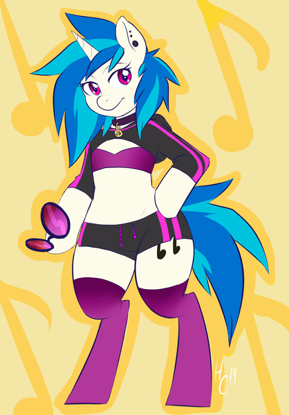 Size: 2661x3821 | Tagged: suggestive, artist:collaredginger, derpibooru import, vinyl scratch, pony, semi-anthro, bipedal, clothes, collar, cutie mark background, ear piercing, looking at you, midriff, missing accessory, no glasses, piercing, pinup, shorts, socks