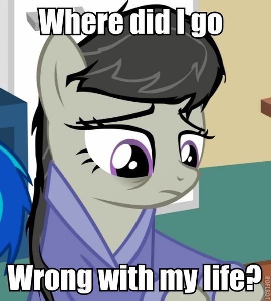 Size: 554x615 | Tagged: artist:nomorethan9, bags under eyes, derpibooru import, edit, epic wub time, existential crisis, image macro, meme, octavia melody, reaction image, safe, solo, source needed, text, useless source url