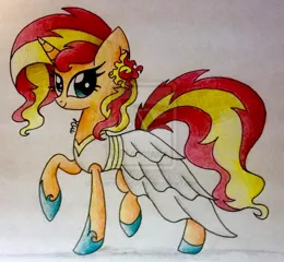 Size: 800x738 | Tagged: safe, derpibooru import, sunset shimmer, pony, unicorn, clothes, dress, solo, traditional art