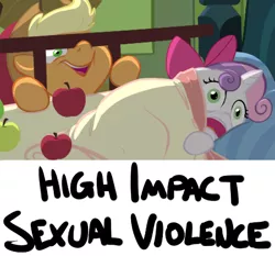 Size: 441x411 | Tagged: suggestive, artist:furseiseki, derpibooru import, apple bloom, applejack, sweetie belle, earth pony, pony, unicorn, somepony to watch over me, apple, applecest, bloomjack, expand dong, exploitable meme, faic, fear, female, filly, high impact sexual violence, implied foalcon, incest, its time for apples, lesbian, mare, meme, rapeface, scene interpretation, shipping, sweetiejack