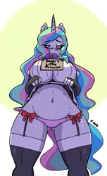 Size: 579x953 | Tagged: anthro, artist:dreikaze, belly button, breasts, busty princess celestia, clothes, collar, derpibooru import, female, looking at you, panties, pink underwear, princess celestia, ribbon, sign, skirt, skirt lift, solo, stockings, suggestive, underass, underwear, upskirt, wide hips